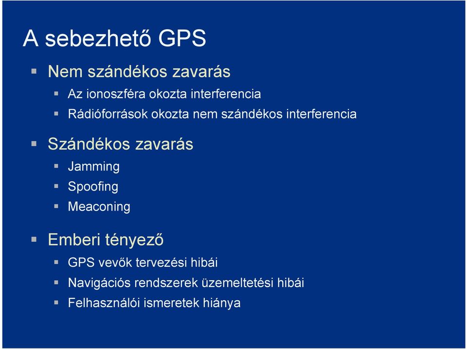 Szándékos zavarás Jamming Spoofing Meaconing Emberi tényező GPS vevők