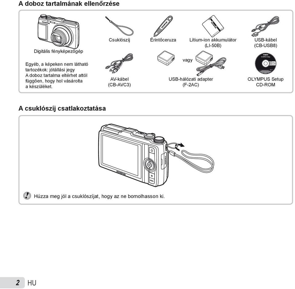 Csuklószíj Érintőceruza Lítium-ion akkumulátor (LI-50B) AV-kábel (CB-AVC3) vagy USB-hálózati adapter