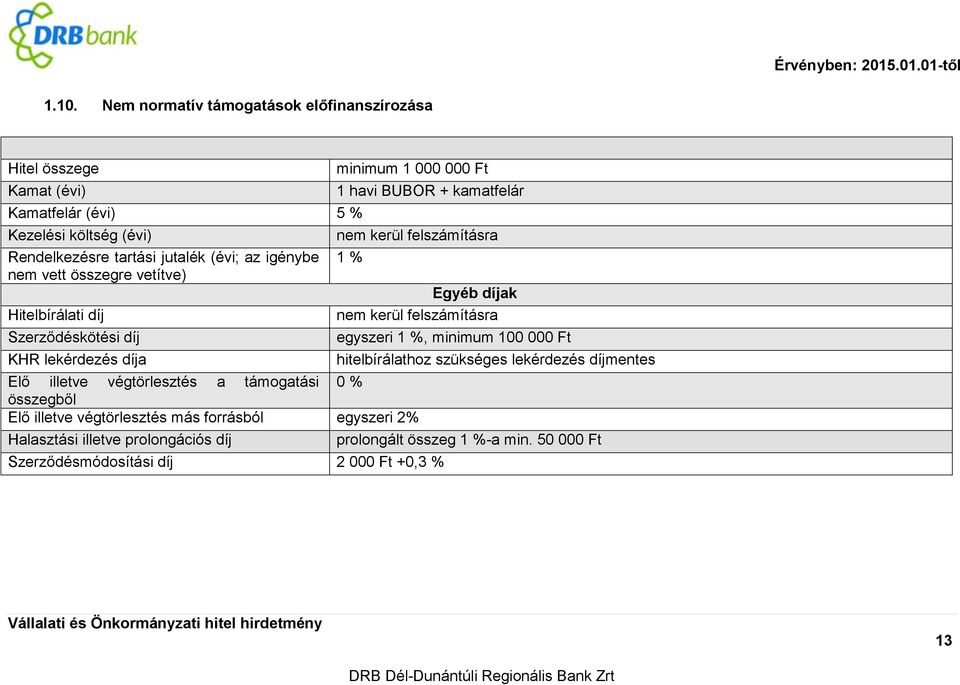 % Elő illetve végtörlesztés a támogatási 0 % összegből Elő illetve végtörlesztés más forrásból egyszeri 2% Halasztási illetve prolongációs díj