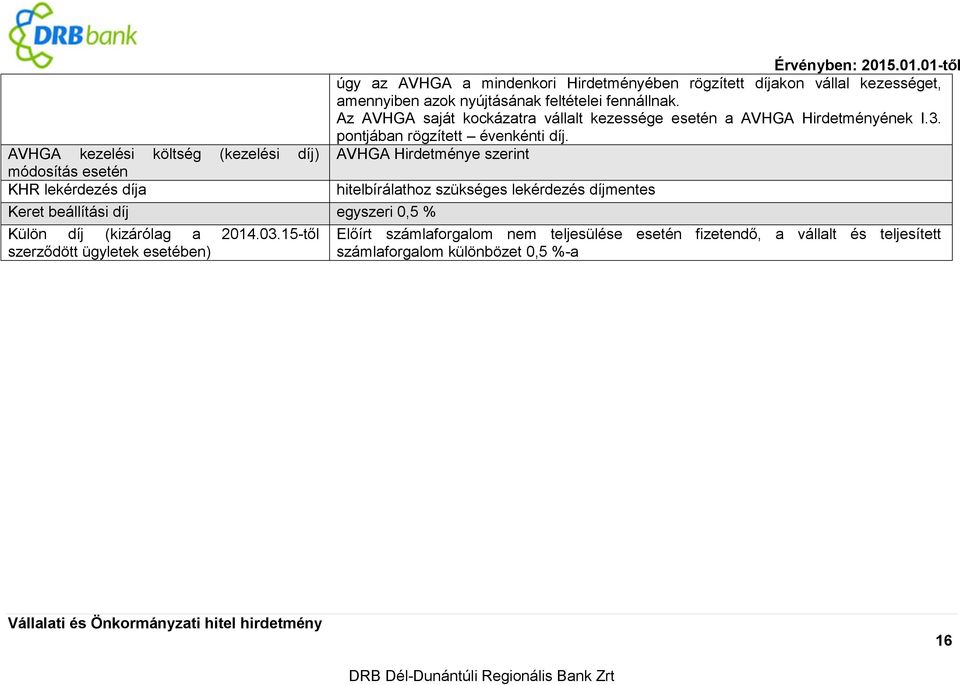 .01.01-től úgy az AVHGA a mindenkori Hirdetményében rögzített díjakon vállal kezességet, amennyiben azok nyújtásának feltételei fennállnak.