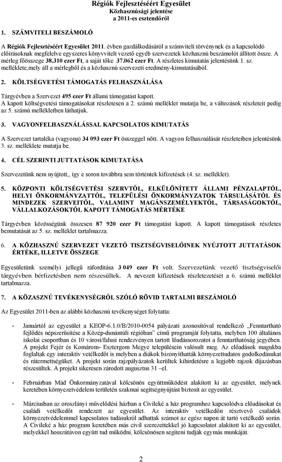 310 ezer Ft, a saját tőke 37.062 ezer Ft. A részletes kimutatás jelentésünk 1. sz. melléklete,mely áll a mérlegből és a közhasznú szervezeti eredmény-kimutatásából. 2.