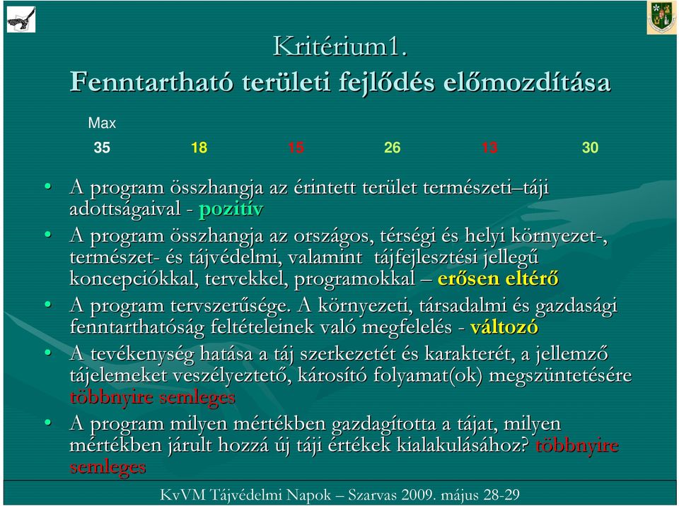 rségi és s helyi környezetk rnyezet-, természet szet- és s tájvt jvédelmi, valamint tájfejlesztt jfejlesztési si jellegű koncepciókkal, kkal, tervekkel, programokkal erősen eltérő A program