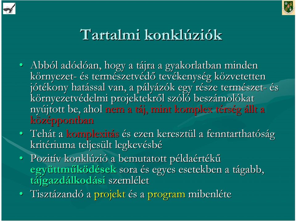 térst rség állt a középpontban Tehát t a komplexitás és s ezen keresztül l a fenntarthatóság kritériuma riuma teljesült lt legkevésb sbé Pozitív v konklúzi zió a