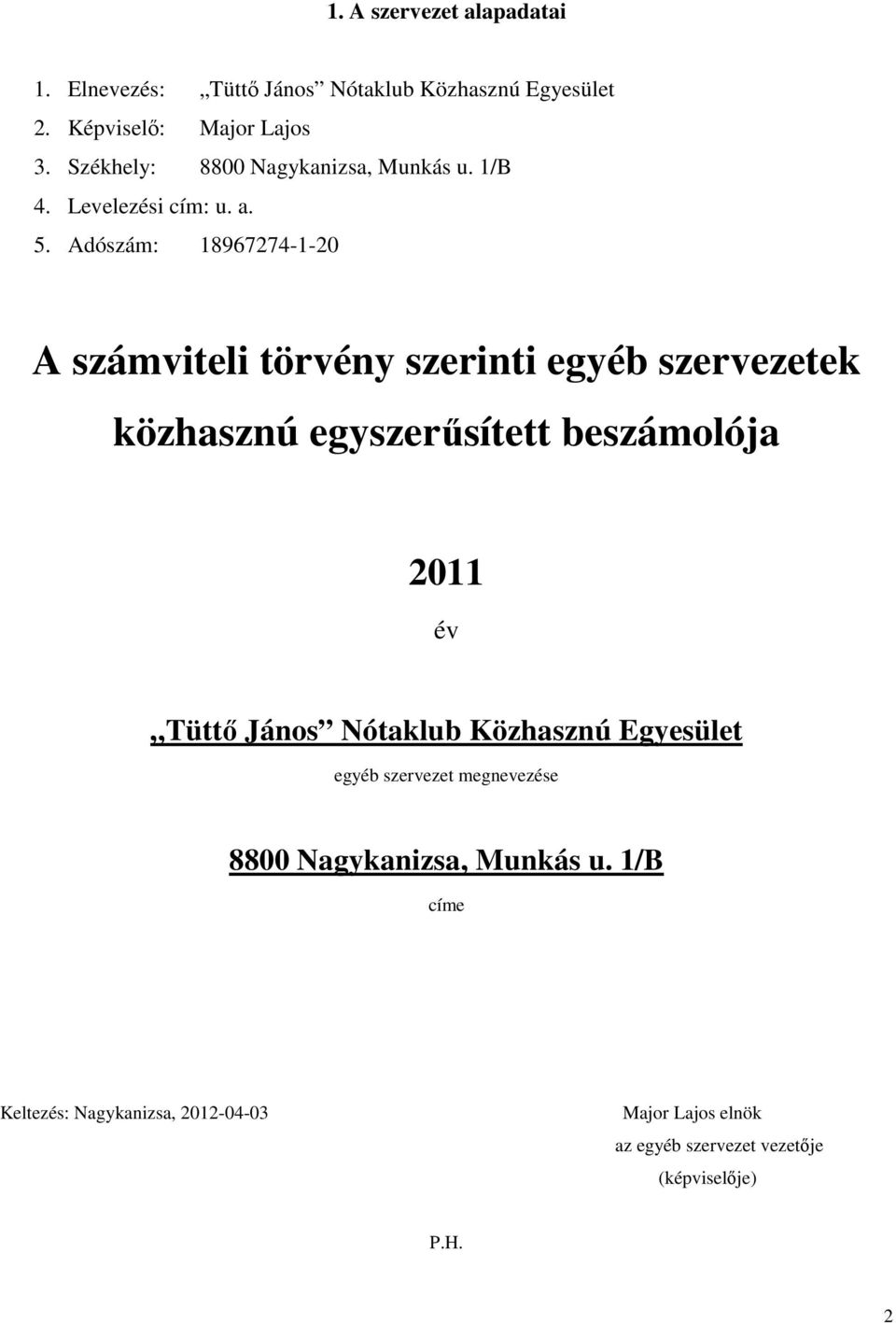 Adószám: 18967274-1-20 A számviteli törvény szerinti egyéb szervezetek közhasznú egyszerűsített beszámolója 2011 év Tüttő