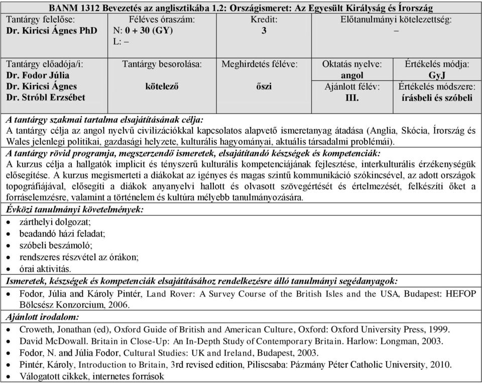 módszere: írásbeli és szóbeli A tantárgy célja az nyelvű civilizációkkal kapcsolatos alapvető ismeretanyag átadása (Anglia, Skócia, Írország és Wales jelenlegi politikai, gazdasági helyzete,