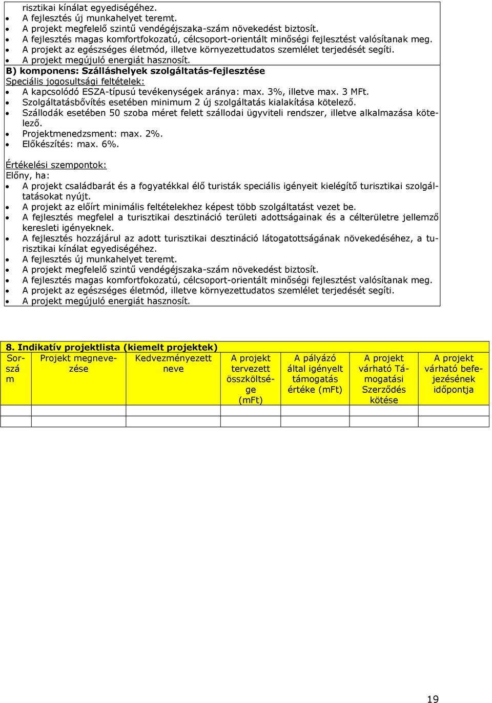 A projekt megújuló energiát hasznosít. B) komponens: Szálláshelyek szolgáltatás-fejlesztése Speciális jogosultsági feltételek: A kapcsolódó ESZA-típusú tevékenységek aránya: max. 3%, illetve max.