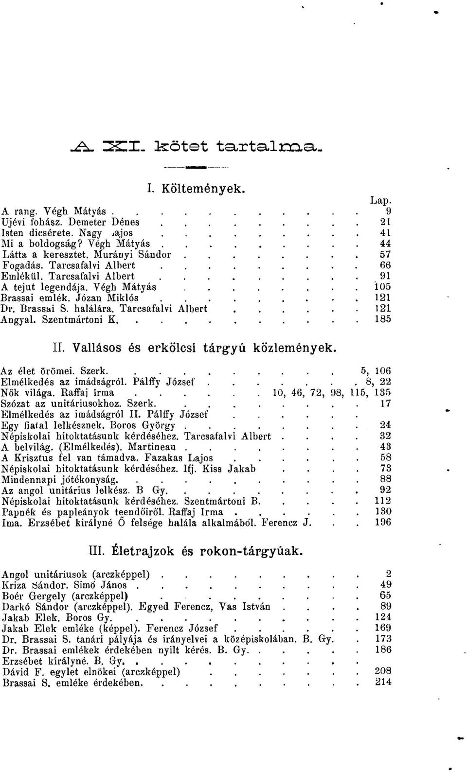 Tarcsafalvi Albert 121 Angyal. Szentmártoni K,.........185 IL Vallásos és erkölcsi tárg-yú közlemények. Az élet örömei. Szex-k........., 5, 106 pjlmélkedés az imádságról. Pálffy József.