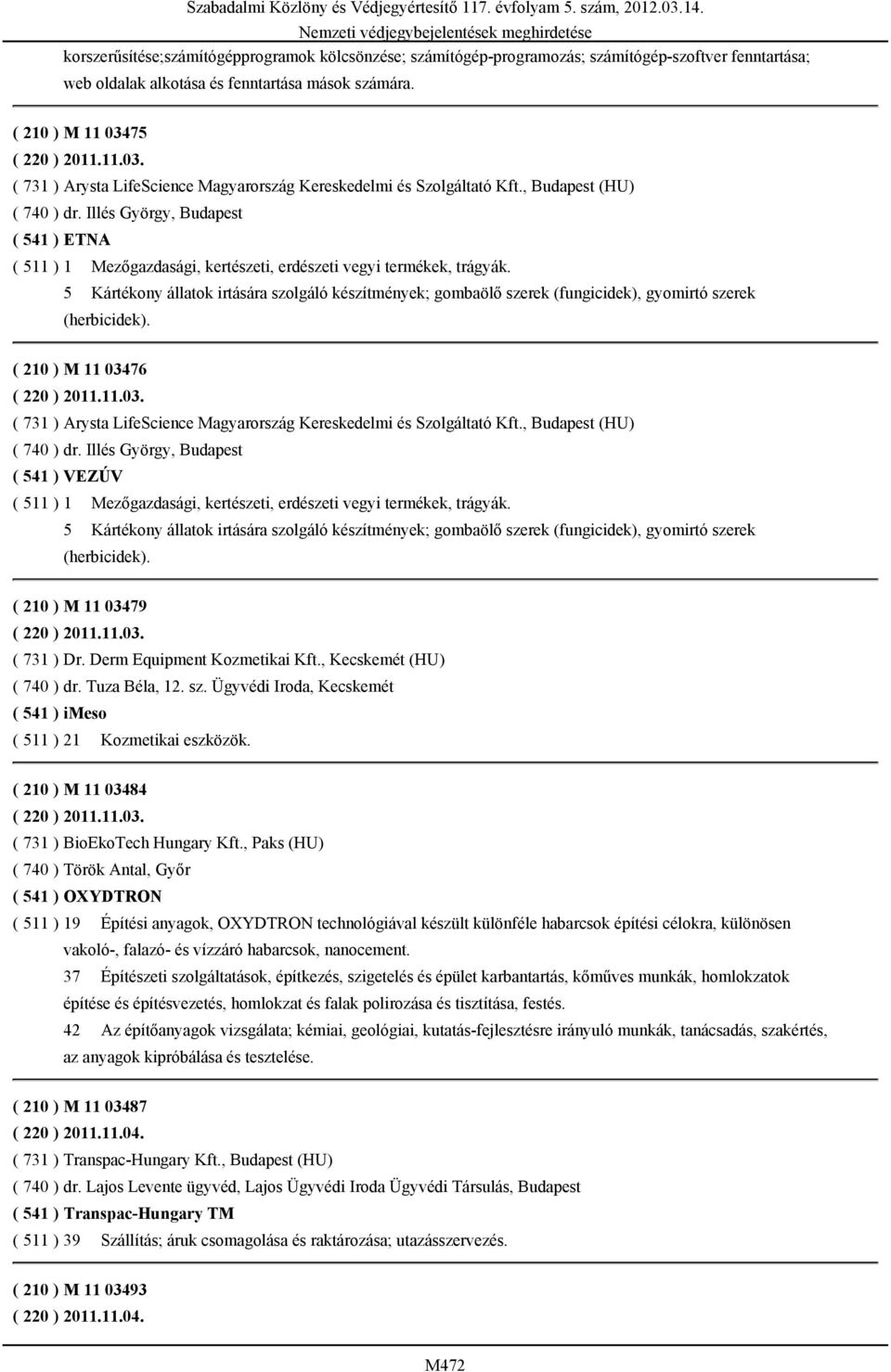 Illés György, Budapest ( 541 ) ETNA ( 511 ) 1 Mezőgazdasági, kertészeti, erdészeti vegyi termékek, trágyák.