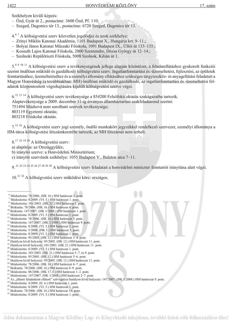 , Üllõi út 133 135.; Kossuth Lajos Katonai Fõiskola, 2000 Szentendre, Dózsa György út 12 14.; Szolnoki Repülõtiszti Fõiskola, 50