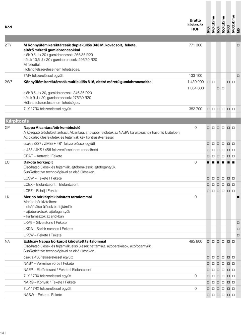 7MA felszereléssel együtt 133 100 2W7 Könnyűfém keréktárcsák multiküllős 616, eltérő méretű gumiabrncskkal 1 430 900 elöl: 8,5 J x 20, gumiabrncsk: 245/35 R20 hátul: 9 J x 20, gumiabrncsk: 275/30 R20