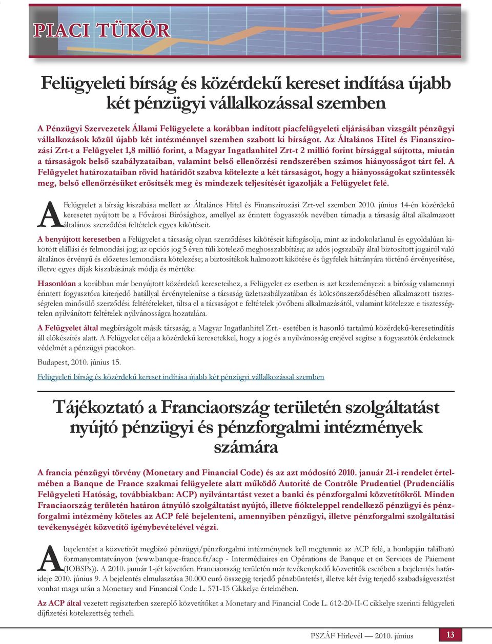 Az Általános Hitel és Finanszírozási Zrt-t a Felügyelet 1,8 millió forint, a Magyar Ingatlanhitel Zrt-t 2 millió forint bírsággal sújtotta, miután a társaságok belső szabályzataiban, valamint belső