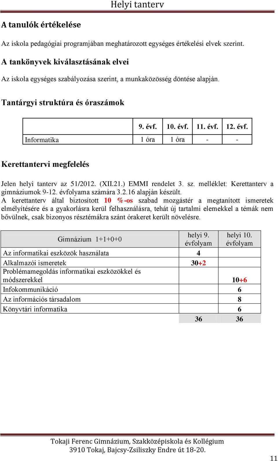 10. évf. 11. évf. 12. évf. Informatika 1 óra 1 óra - - Kerettantervi megfelelés Jelen helyi tanterv az 51/2012. (XII.21.) EMMI rendelet 3. sz. melléklet: Kerettanterv a gimnáziumok 9-12.