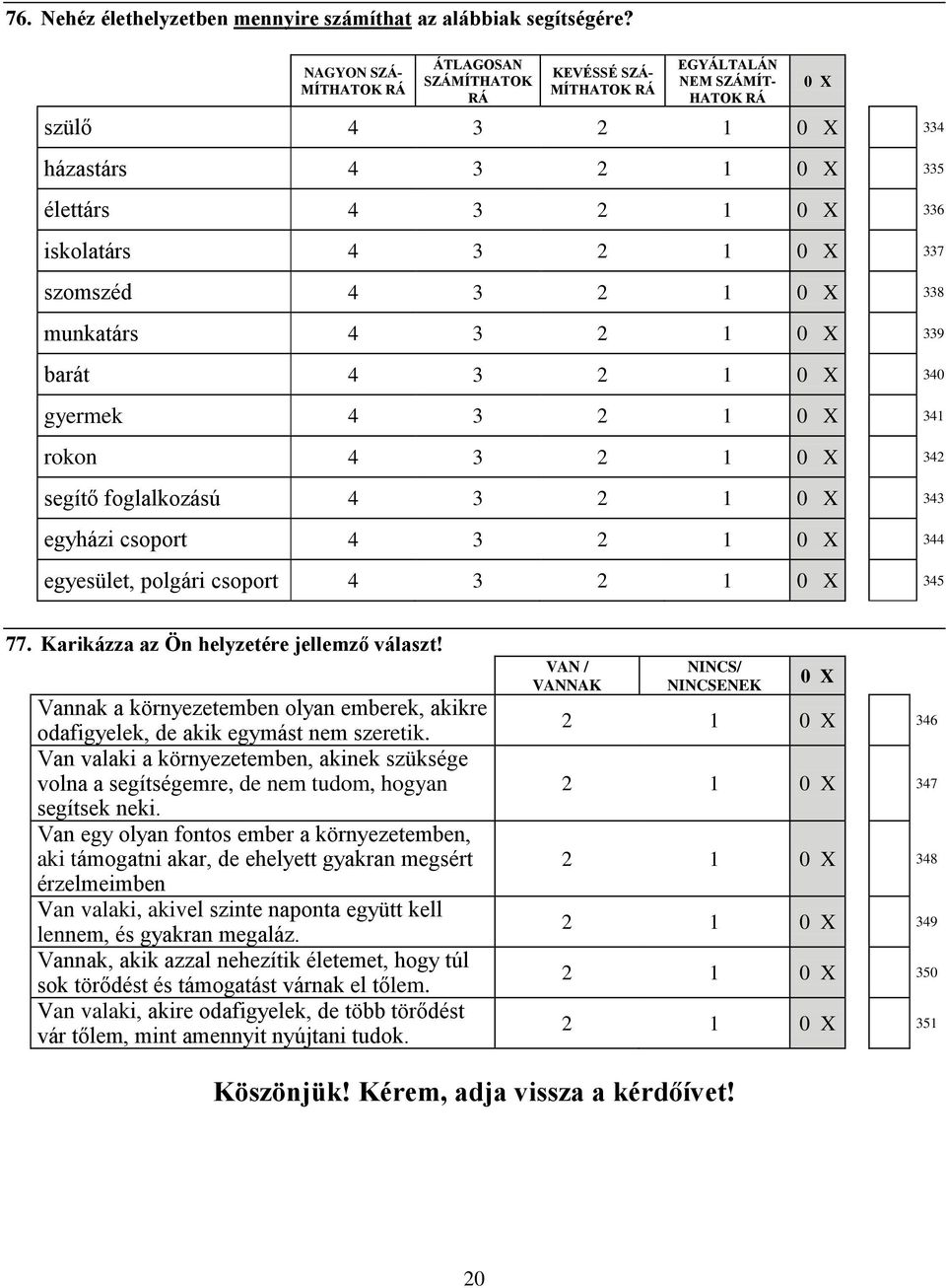 4 3 2 1 338 munkatárs 4 3 2 1 339 barát 4 3 2 1 340 gyermek 4 3 2 1 341 rokon 4 3 2 1 342 segítő foglalkozású 4 3 2 1 343 egyházi csoport 4 3 2 1 344 egyesület, polgári csoport 4 3 2 1 345 77.