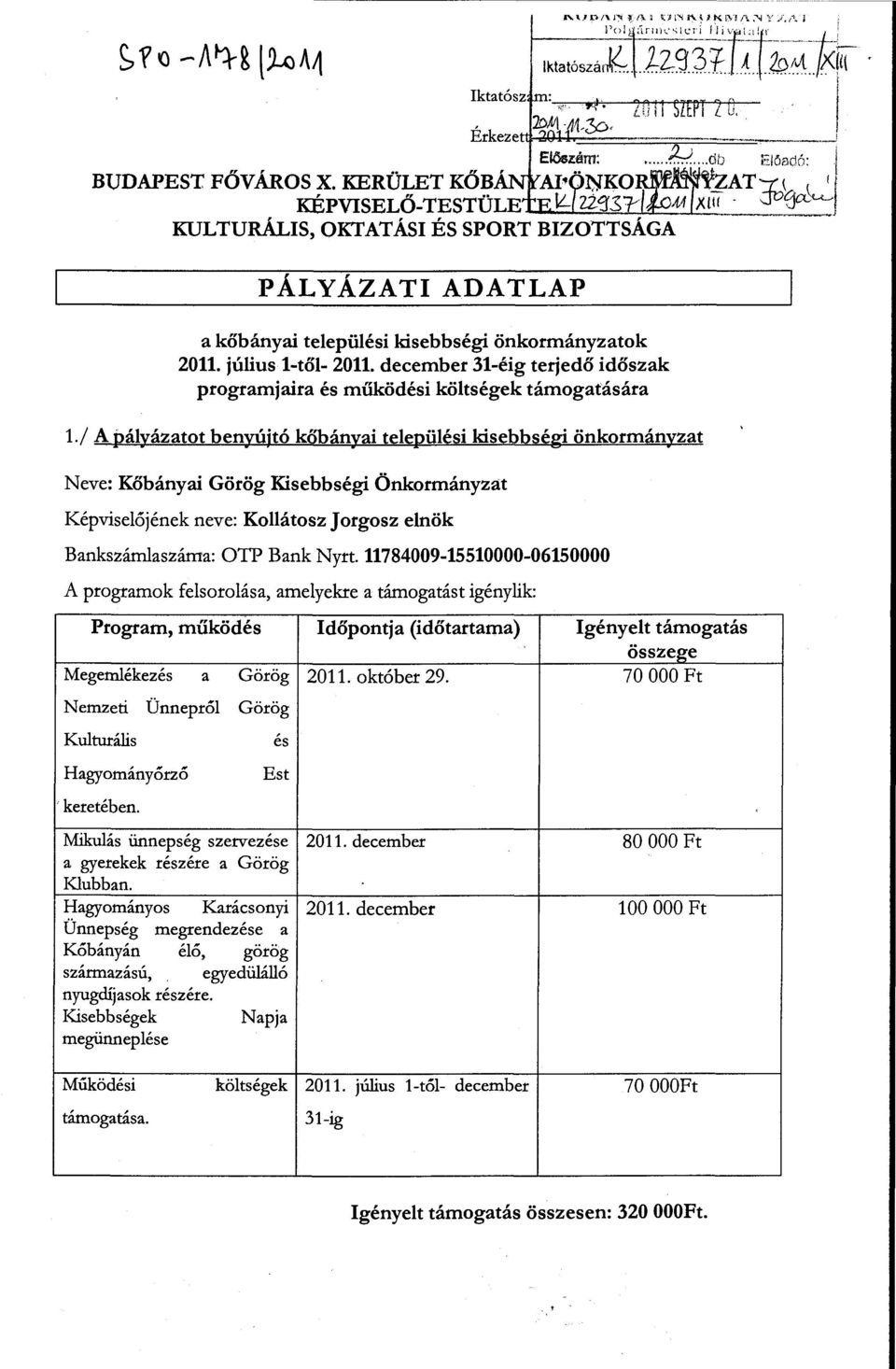 11784009-15510000-06150000 A prograrnak felsorolása, amelyekre a támogatást igénylik: Program, működés Időpontja (időtartama) Megemlékezés a Görög 2011. október 29.