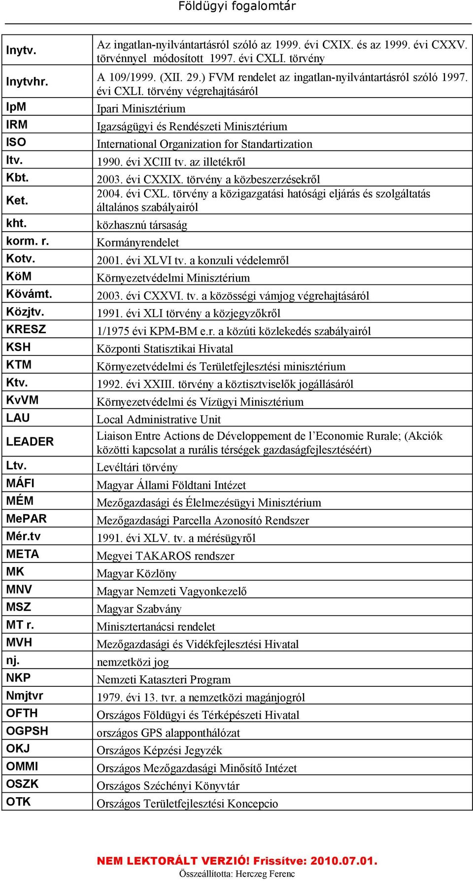 törvény végrehajtásáról IpM Ipari Minisztérium IRM Igazságügyi és Rendészeti Minisztérium ISO International Organization for Standartization Itv. 1990. évi XCIII tv. az illetékről Kbt. 2003.