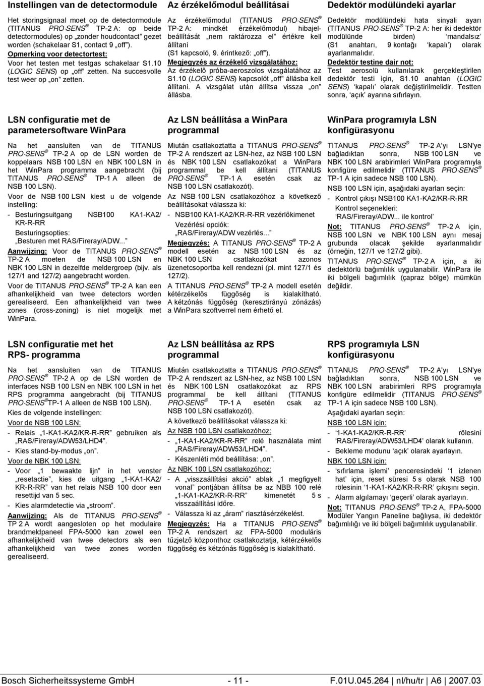 Az érzékelőmodul (TITANUS PRO SENS TP-2 A: mindkét érzékelőmodul) hibajelbeállítását nem raktározza el értékre kell állítani (S1 kapcsoló, 9. érintkező: off ).