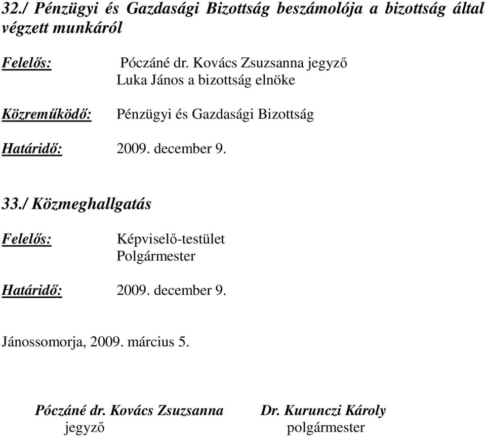 / Közmeghallgatás Képviselı-testület Polgármester Határidı: 2009.