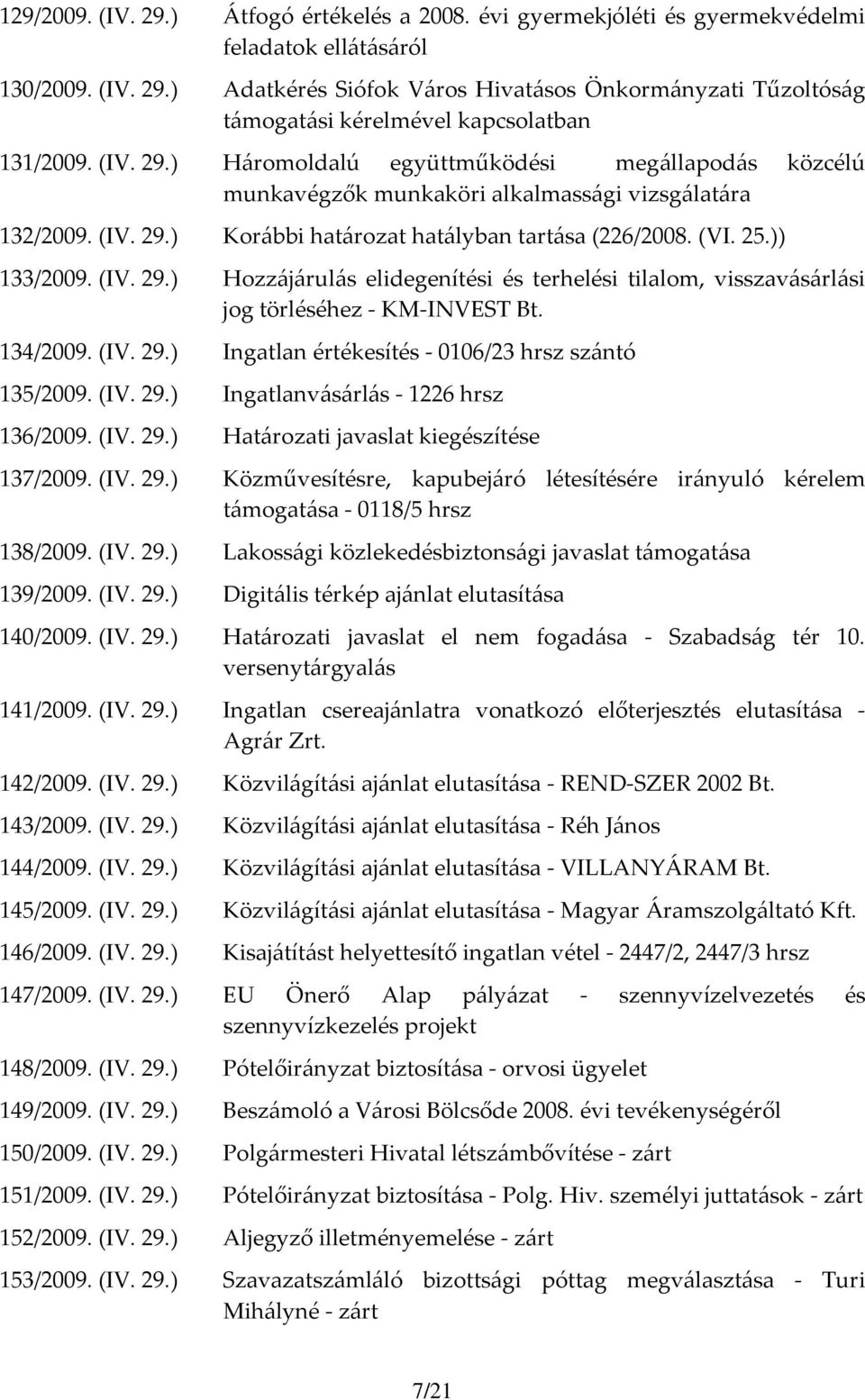 134/2009. (IV. 29.) Ingatlan értékesítés - 0106/23 hrsz szántó 135/2009. (IV. 29.) Ingatlanvásárlás - 1226 hrsz 136/2009. (IV. 29.) Határozati javaslat kiegészítése 137/2009. (IV. 29.) Közművesítésre, kapubejáró létesítésére irányuló kérelem támogatása - 0118/5 hrsz 138/2009.