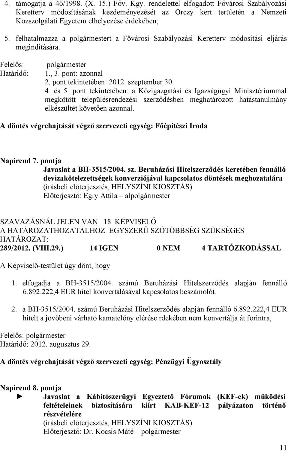 felhatalmazza a polgármestert a Fővárosi Szabályozási Keretterv módosítási eljárás megindítására. Határidő: 1., 3. pont: azonnal 2. pont tekintetében: 2012. szeptember 30. 4. és 5.