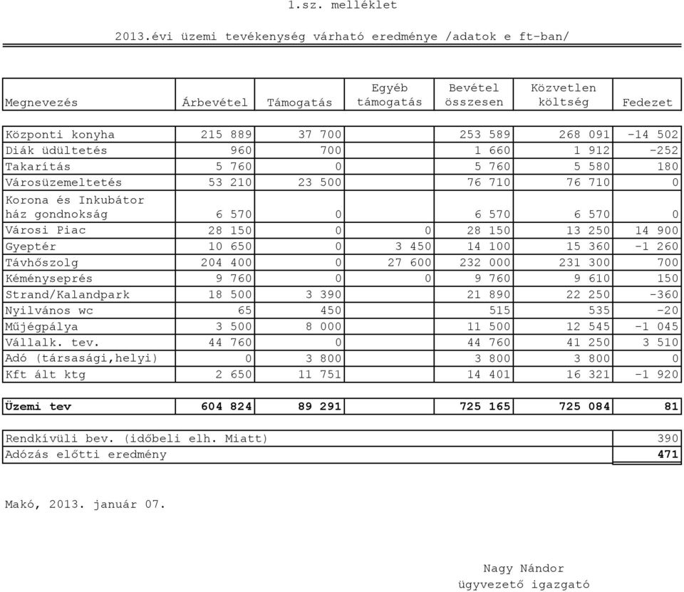 502 Diák üdültetés 960 700 1 660 1 912-252 Takarítás 5 760 0 5 760 5 580 180 Városüzemeltetés 53 210 23 500 76 710 76 710 0 Korona és Inkubátor ház gondnokság 6 570 0 6 570 6 570 0 Városi Piac 28 150