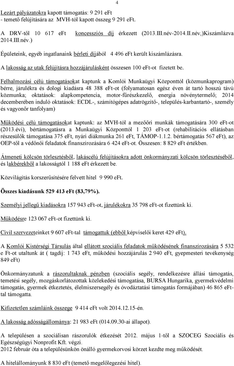 A lakosság az utak felújításra hozzájárulásként összesen 100 eft-ot fizetett be.