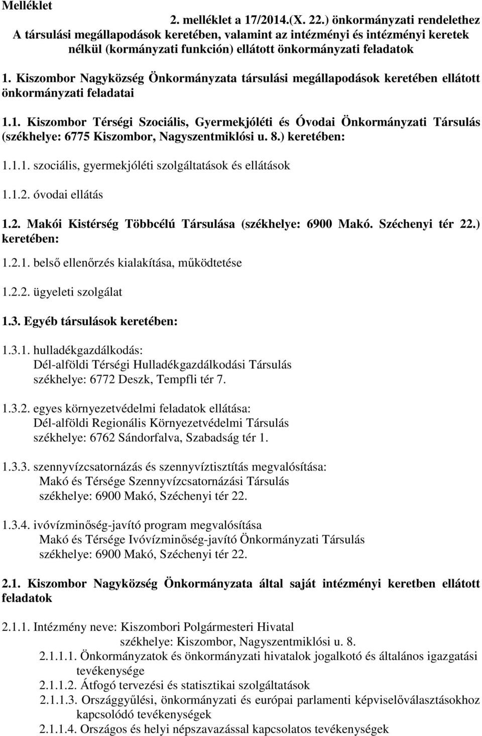 Kiszombor Nagyközség Önkormányzata társulási megállapodások keretében ellátott önkormányzati feladatai 1.