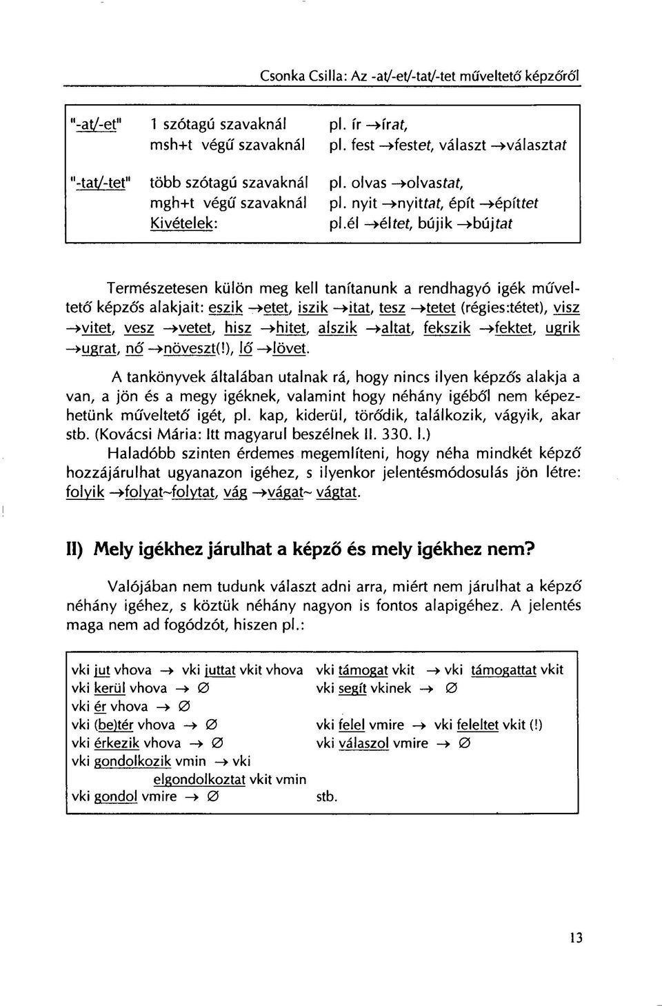 él >éltef, bújik ->bújfaf Természetesen külön meg kell tanítanunk a rendhagyó igék műveltető képzős alakjait: eszik ->etet, iszik ->itat, tesz tetet (régies:tétet), visz >yjtet, vesz -evetet, hisz