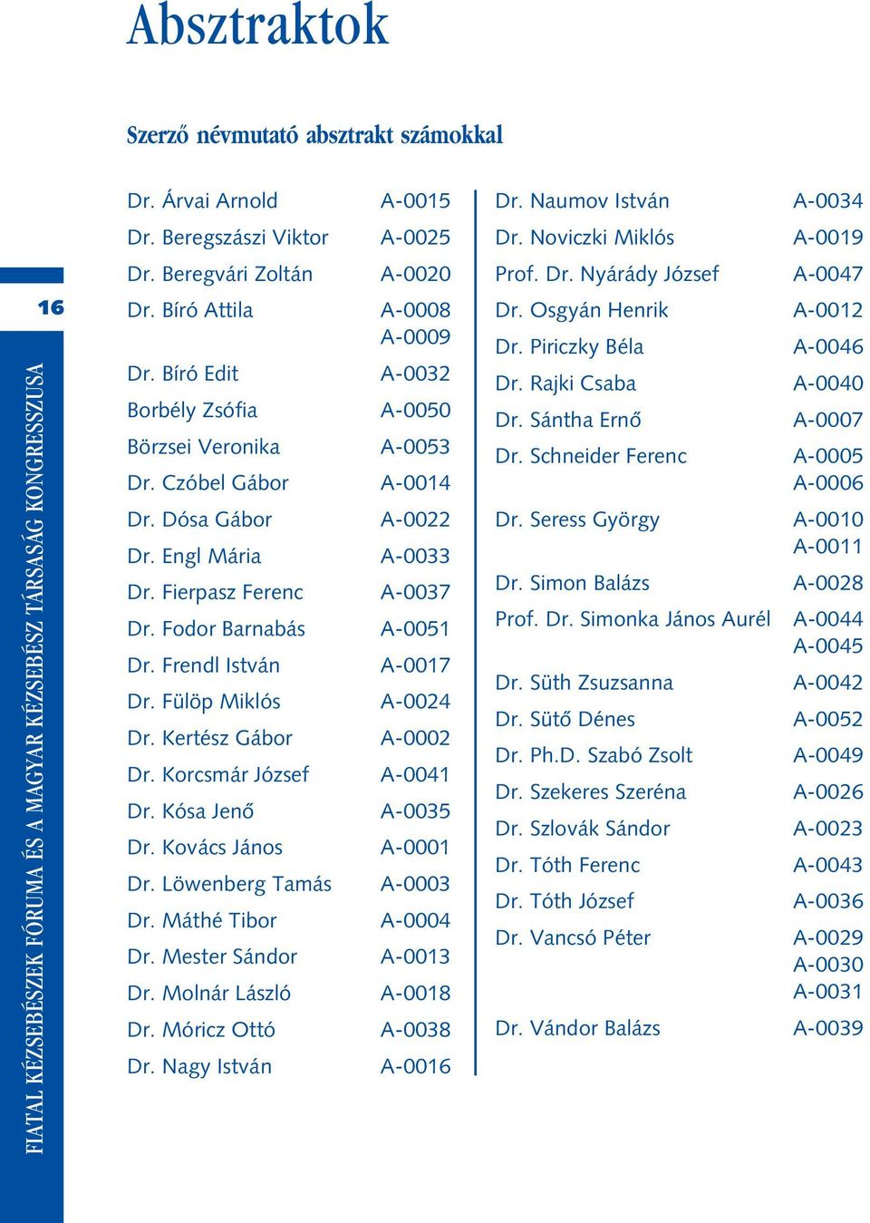 Fierpasz Ferenc A-0037 Dr. Fodor Barnabás A-0051 Dr. Frendl István A-0017 Dr. Fülöp Miklós A-0024 Dr. Kertész Gábor A-0002 Dr. Korcsmár József A-0041 Dr. Kósa Jenô A-0035 Dr. Kovács János A-0001 Dr.