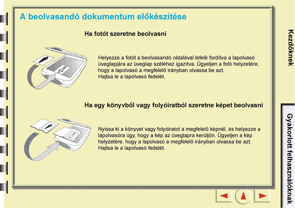 Kezdőknek Ha egy könyvből vagy folyóiratból szeretne képet beolvasni Nyissa ki a könyvet vagy folyóiratot a megfelelő képnél, és helyezze a