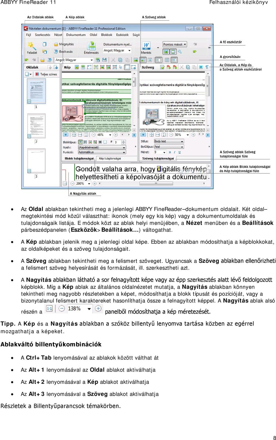 E módok közt az ablak helyi menüjében, a Nézet menüben és a Beállítások párbeszédpanelen (Eszközök>Beállítások ) váltogathat. A Kép ablakban jelenik meg a jelenlegi oldal képe.