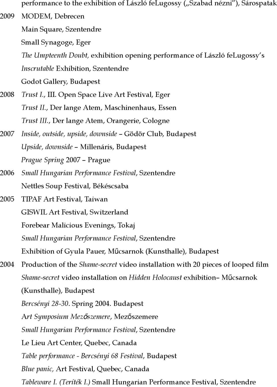 , Der lange Atem, Orangerie, Cologne 2007 Inside, outside, upside, downside Gödör Club, Budapest Upside, downside Millenáris, Budapest Prague Spring 2007 Prague 2006 Small Hungarian Performance