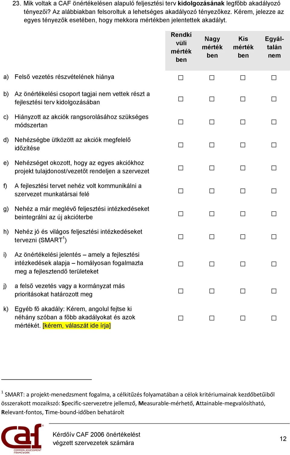 Rendkí vüli mérték ben Nagy mérték ben Kis mérték ben Egyáltalán a) Felső vezetés részvételének hiánya b) Az önértékelési csoport tagjai vettek részt a fejlesztési terv kidolgozásában c) Hiányzott az