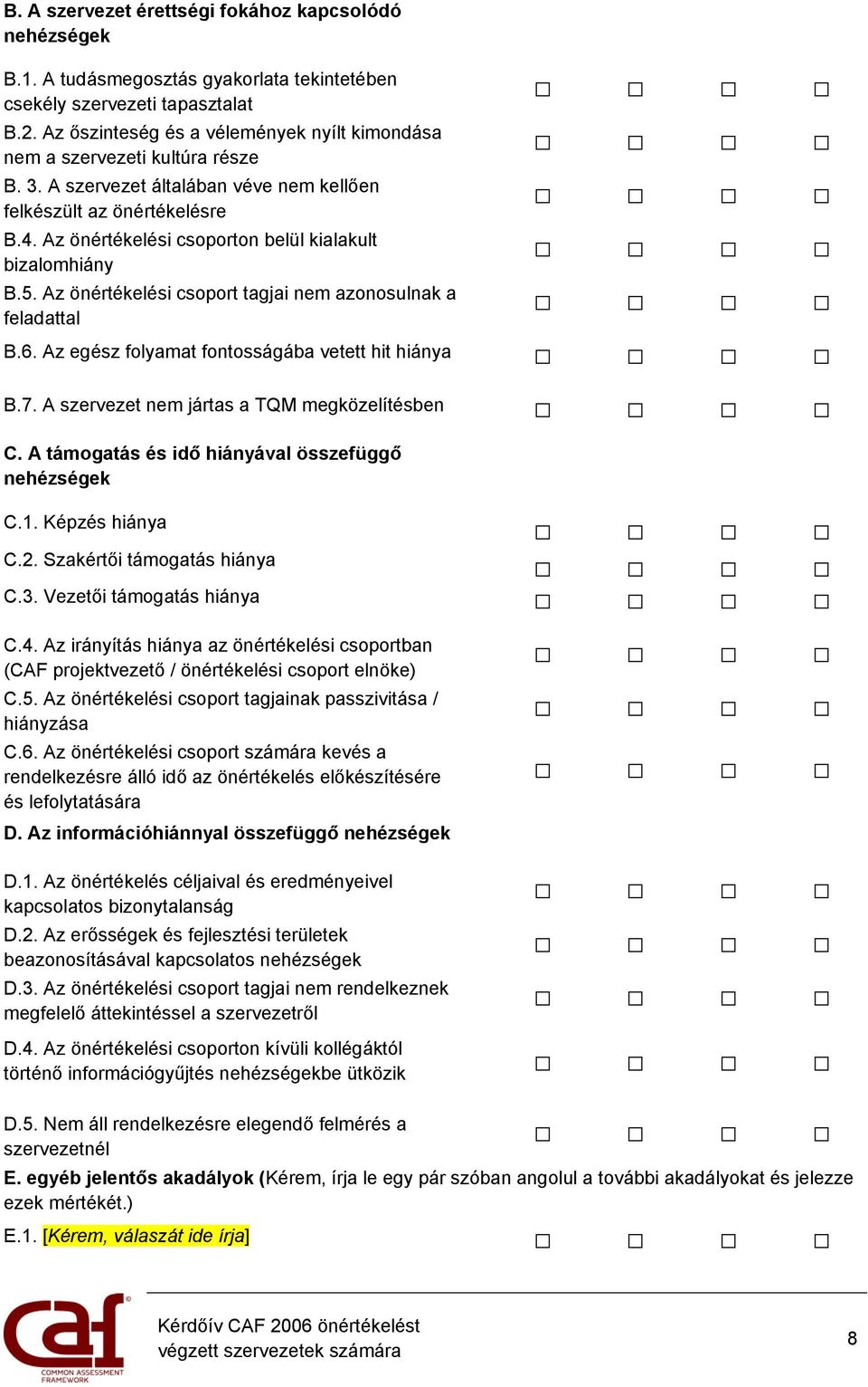 Az önértékelési csoporton belül kialakult bizalomhiány B.5. Az önértékelési csoport tagjai azonosulnak a feladattal B.6. Az egész folyamat fontosságába vetett hit hiánya B.7.