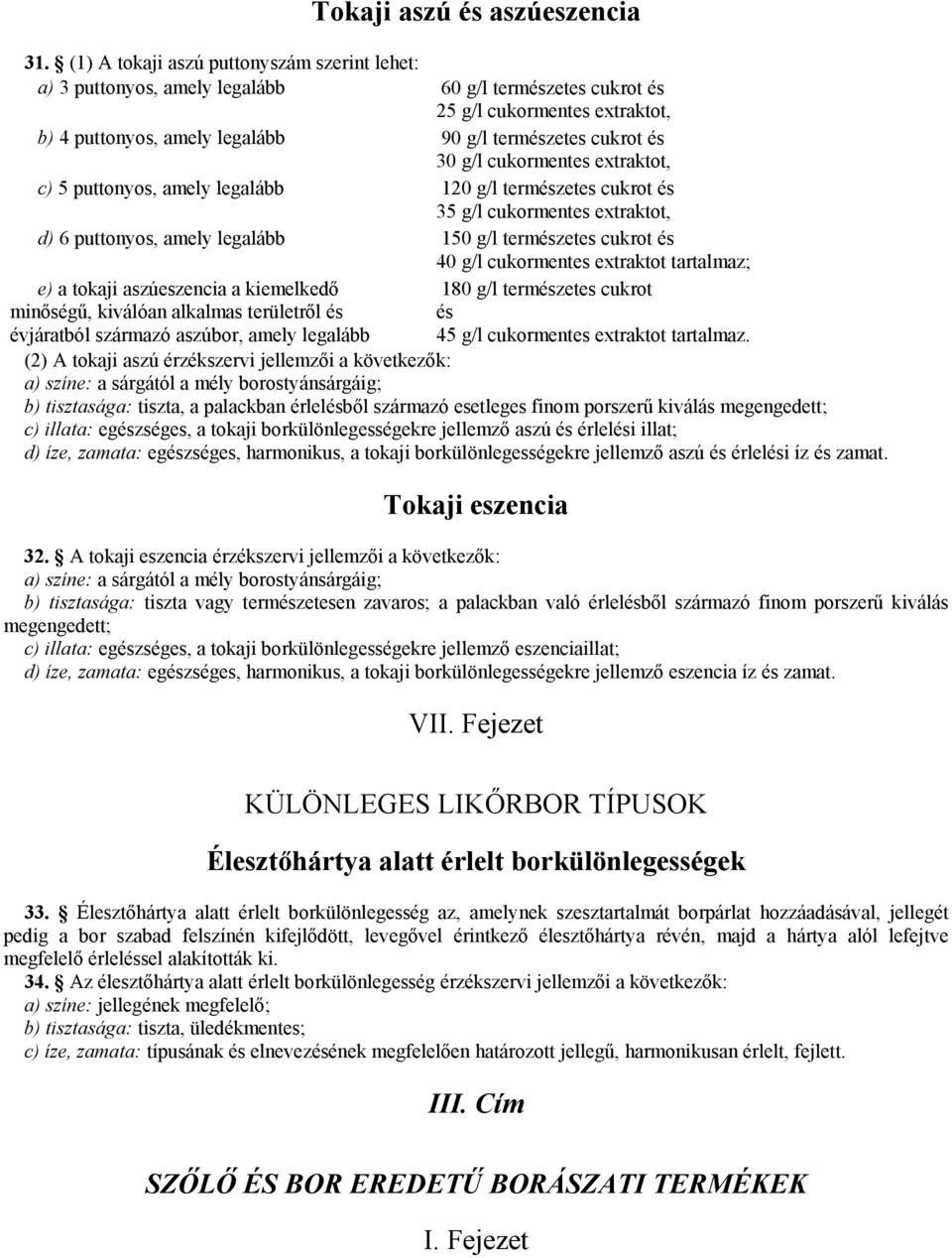 g/l cukormentes extraktot, c) 5 puttonyos, amely legalább 120 g/l természetes cukrot és 35 g/l cukormentes extraktot, d) 6 puttonyos, amely legalább 150 g/l természetes cukrot és 40 g/l cukormentes