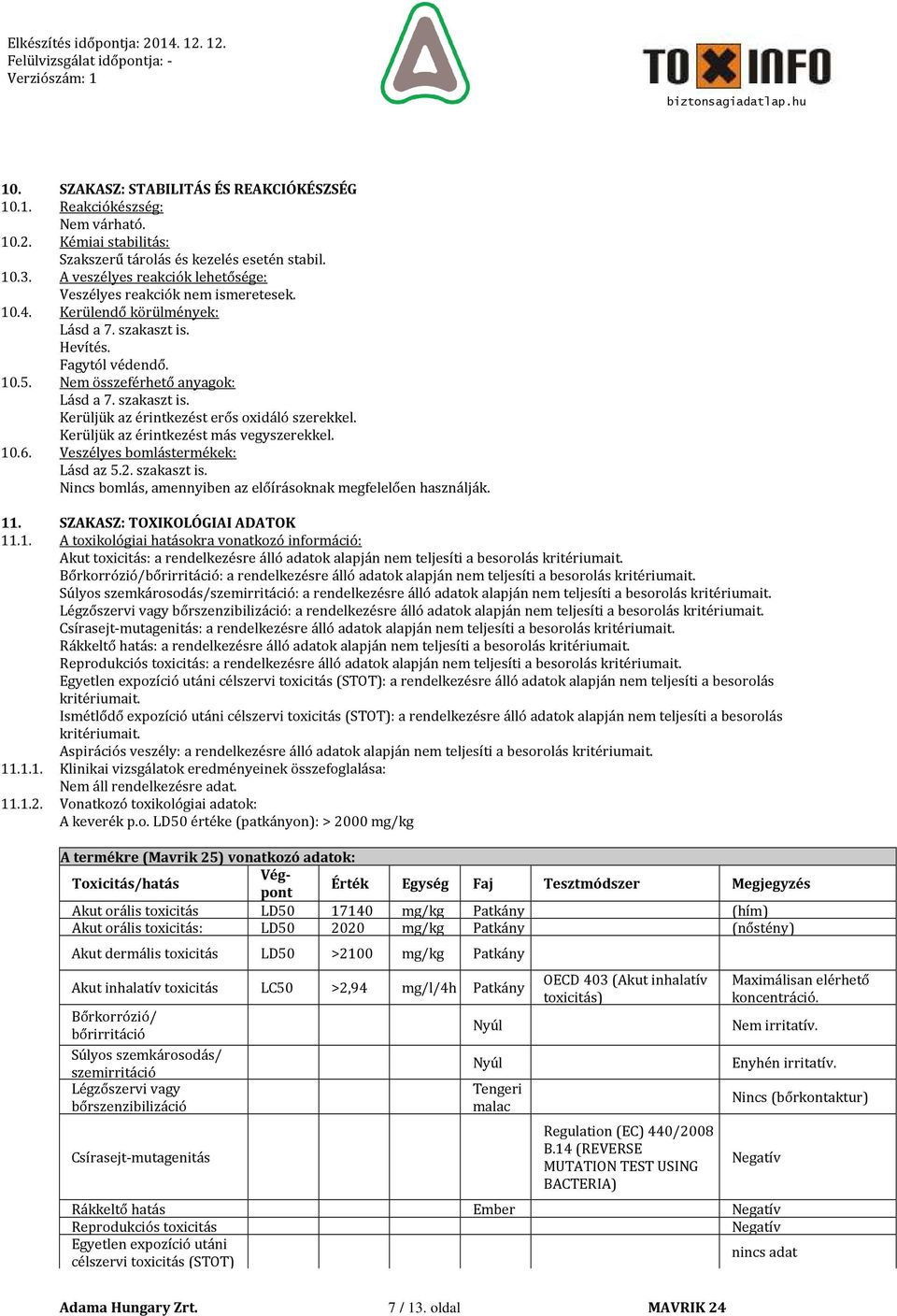 szakaszt is. Kerüljük az érintkezést erős oxidáló szerekkel. Kerüljük az érintkezést más vegyszerekkel. 10.6. Veszélyes bomlástermékek: Lásd az 5.2. szakaszt is.