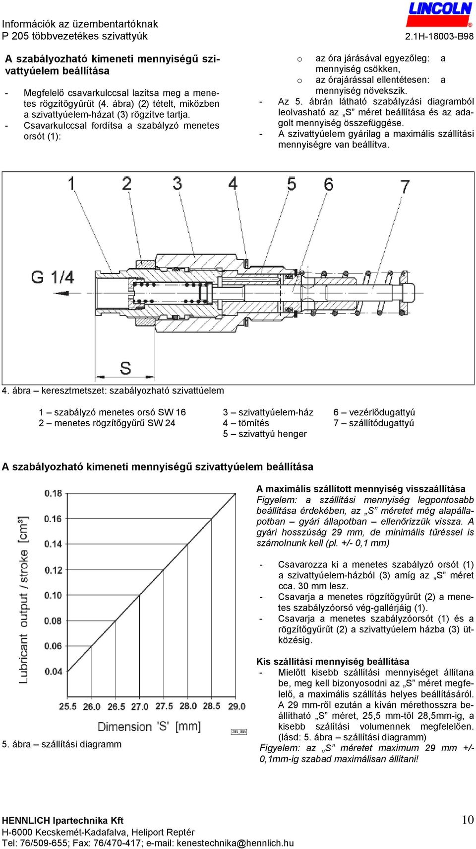 ábrán látható szabályzási diagramból leolvasható az S méret beállítása és az adagolt mennyiség összefüggése. - A szivattyúelem gyárilag a maximális szállítási mennyiségre van beállítva. 4.