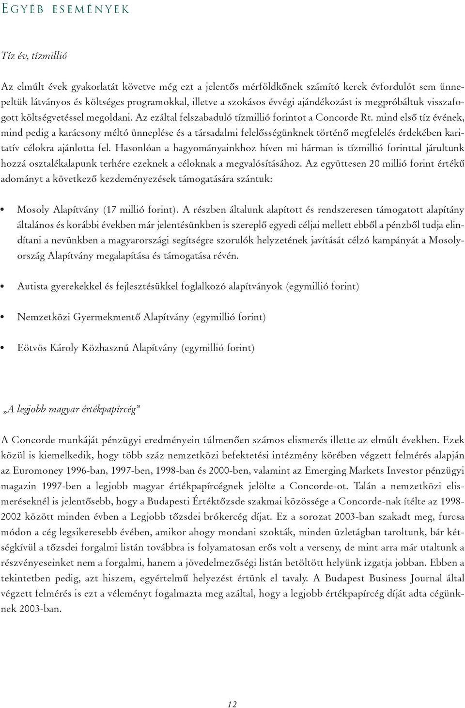 mind elsô tíz évének, mind pedig a karácsony méltó ünneplése és a társadalmi felelôsségünknek történô megfelelés érdekében karitatív célokra ajánlotta fel.