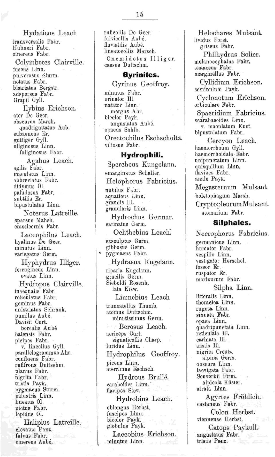 didymus OL paludosus Fabr. subtilis Er. bipustulatus Linn. N oterus Latreille. sparsus Mahsh. crassicornis Fabr. Laccophilus Leach. hyalinus De Geer. minutus Linn. variagatus Germ. Hyphydrus Illiger.