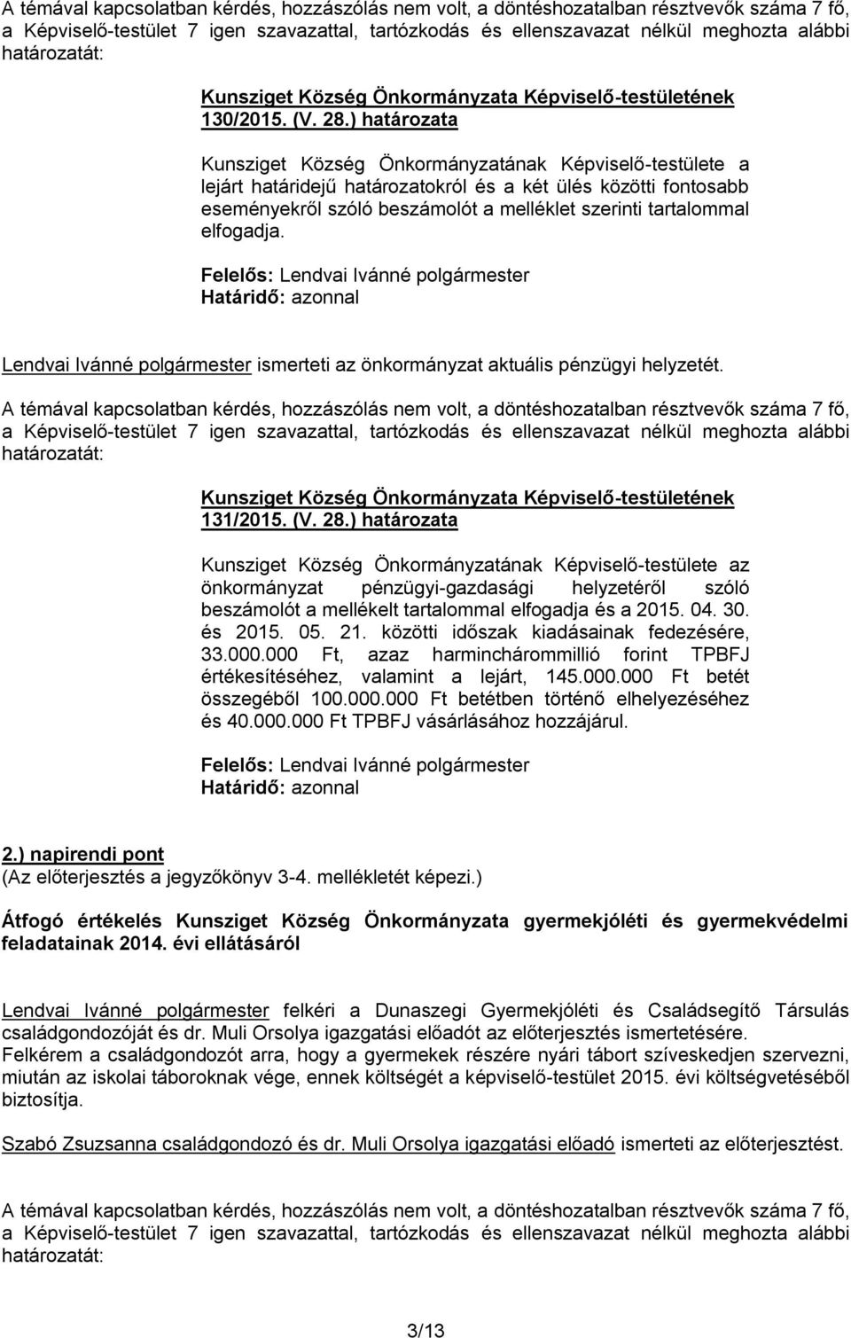 Határidő: azonnal Lendvai Ivánné polgármester ismerteti az önkormányzat aktuális pénzügyi helyzetét.  határozatát: 131/2015. (V. 28.