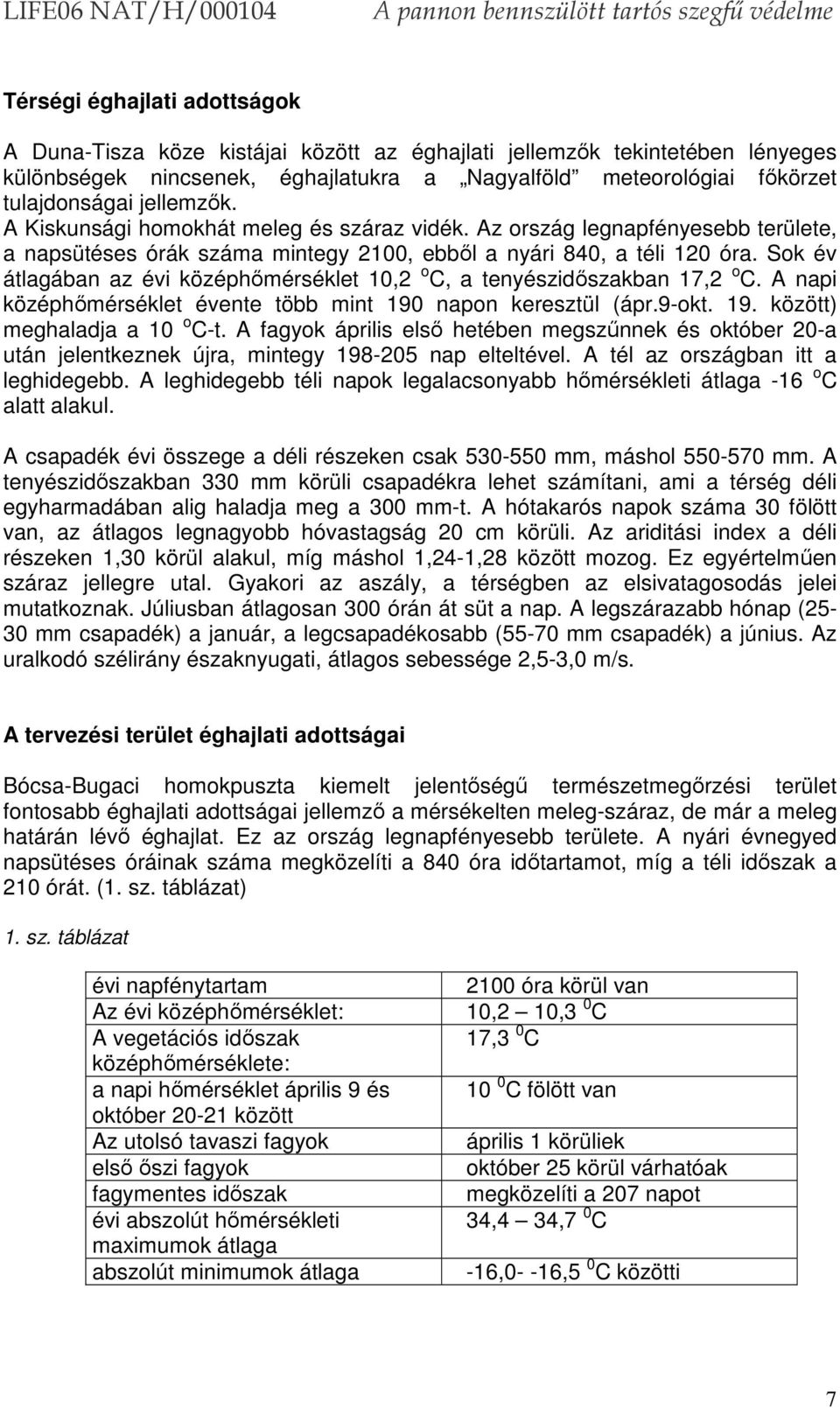 Sok év átlagában az évi középhőmérséklet 10,2 o C, a tenyészidőszakban 17,2 o C. A napi középhőmérséklet évente több mint 190 napon keresztül (ápr.9-okt. 19. között) meghaladja a 10 o C-t.