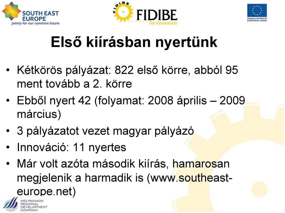 körre Ebből nyert 42 (folyamat: 2008 április 2009 március) 3 pályázatot