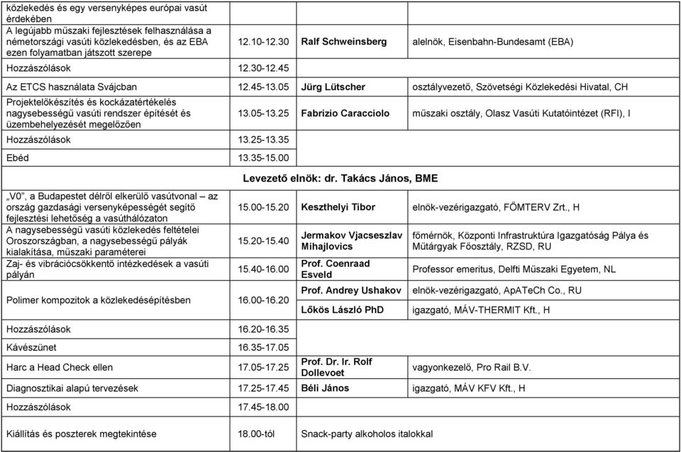 05 Jürg Lütscher osztályvezető, Szövetségi Közlekedési Hivatal, CH Projektelőkészítés és kockázatértékelés nagysebességű vasúti rendszer építését és üzembehelyezését megelőzően Hozzászólások 13.25-13.