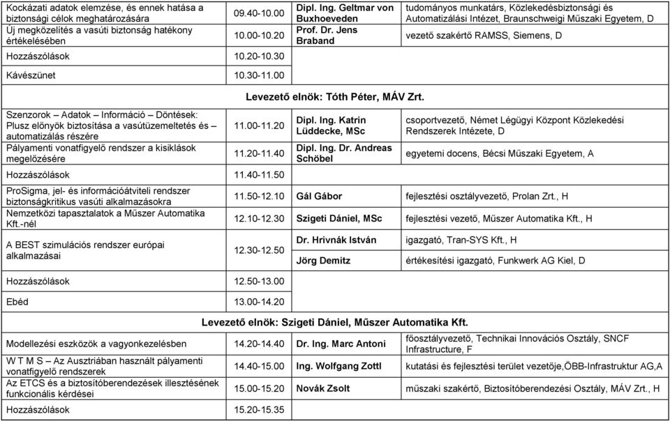 Jens Braband tudományos munkatárs, Közlekedésbiztonsági és Automatizálási Intézet, Braunschweigi Műszaki Egyetem, D vezető szakértő RAMSS, Siemens, D Szenzorok Adatok Információ Döntések: Plusz