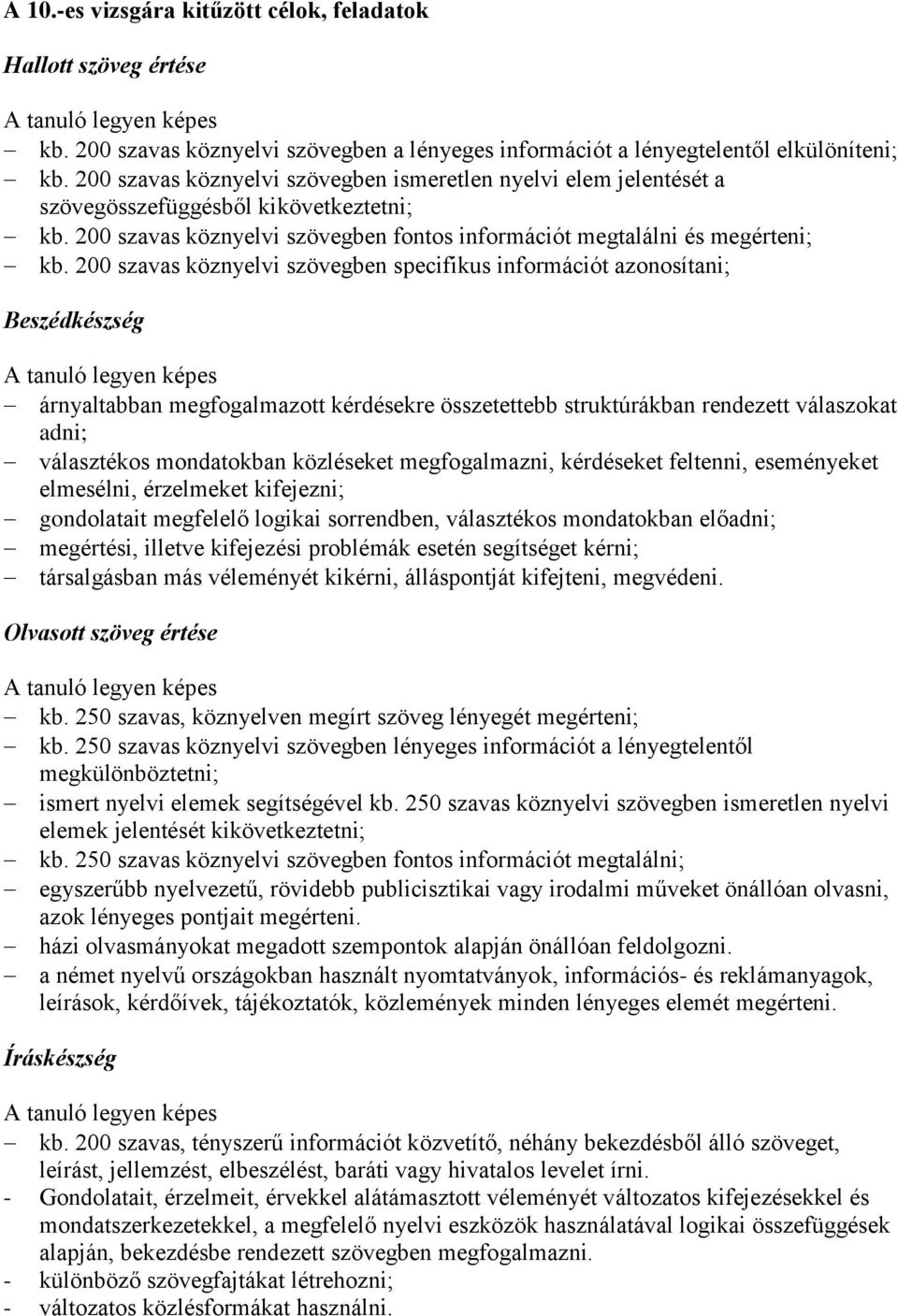 200 szavas köznyelvi szövegben specifikus információt azonosítani; Beszédkészség A tanuló legyen képes árnyaltabban megfogalmazott kérdésekre összetettebb struktúrákban rendezett válaszokat adni;