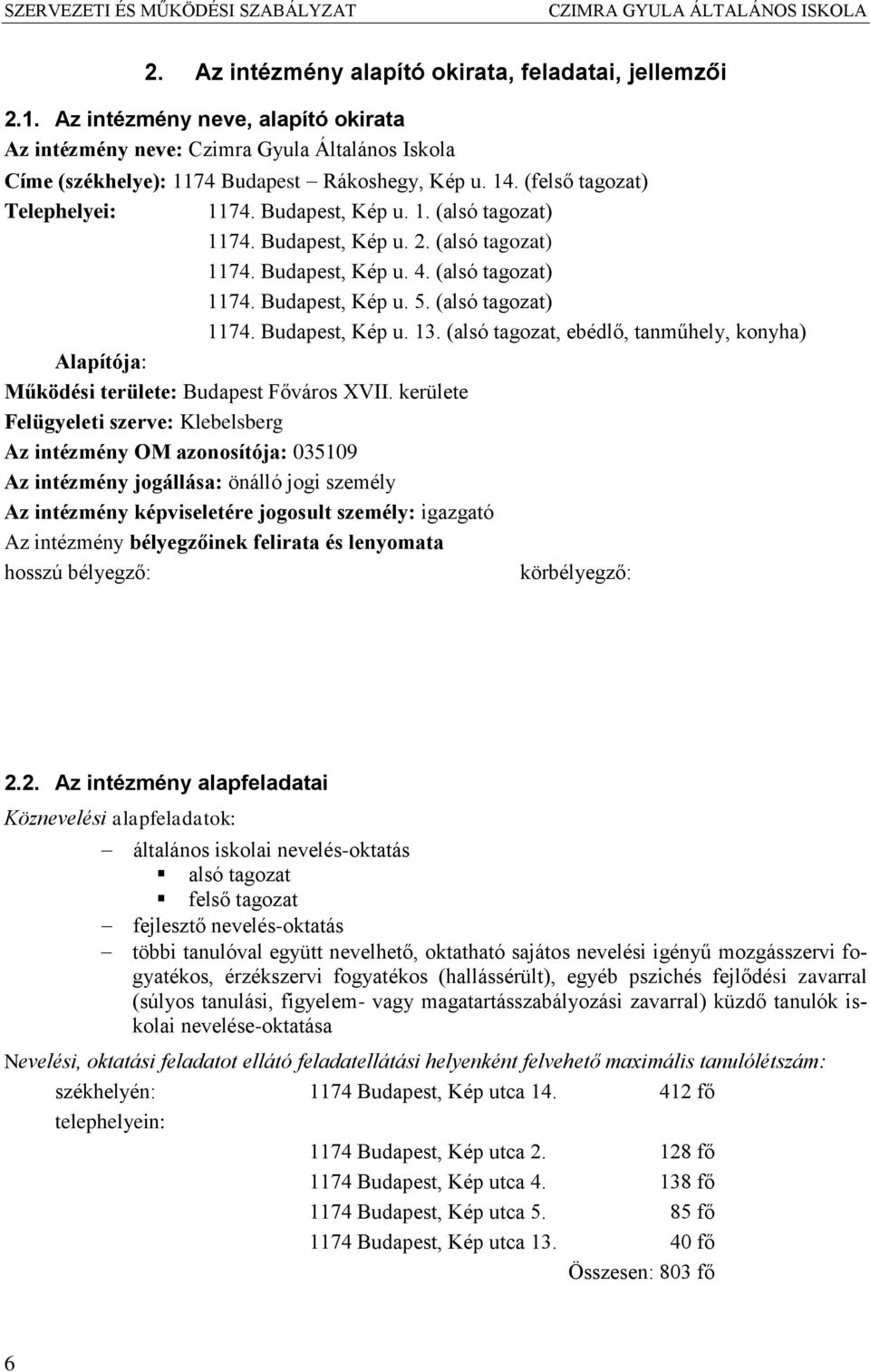 Budapest, Kép u. 2. (alsó tagozat) 1174. Budapest, Kép u. 4. (alsó tagozat) 1174. Budapest, Kép u. 5. (alsó tagozat) 1174. Budapest, Kép u. 13.