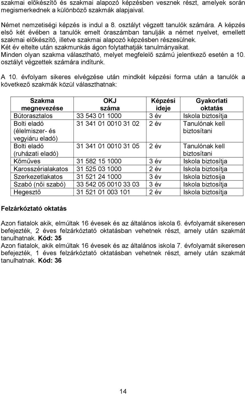 Két év eltelte után szakmunkás ágon folytathatják tanulmányaikat. Minden olyan szakma választható, melyet megfelelő számú jelentkező esetén a 10. osztályt végzettek számára indítunk. A 10.