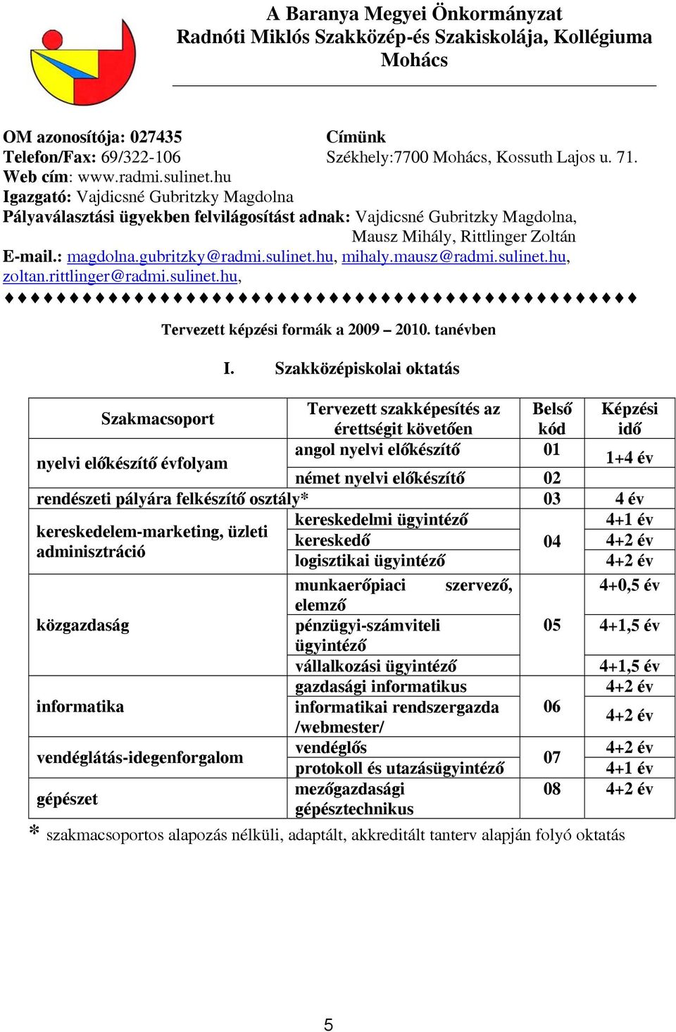 sulinet.hu, mihaly.mausz@radmi.sulinet.hu, zoltan.rittlinger@radmi.sulinet.hu, Tervezett képzési formák a 2009 2010. tanévben I.