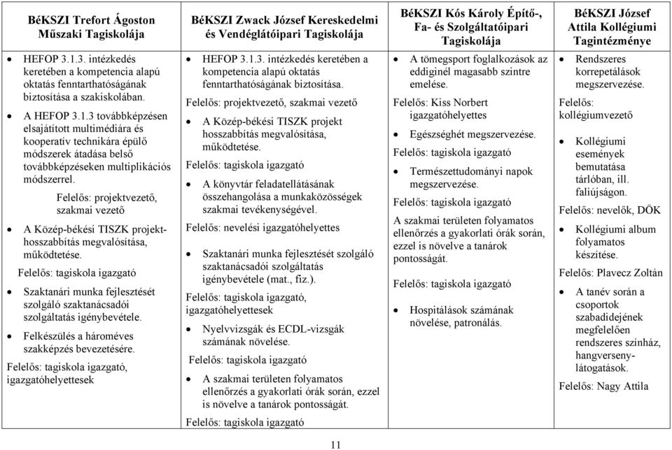 Felelős: projektvezető, szakmai vezető A Közép-békési TISZK projekthosszabbítás megvalósítása, működtetése. Szaktanári munka fejlesztését szolgáló szaktanácsadói szolgáltatás igénybevétele.