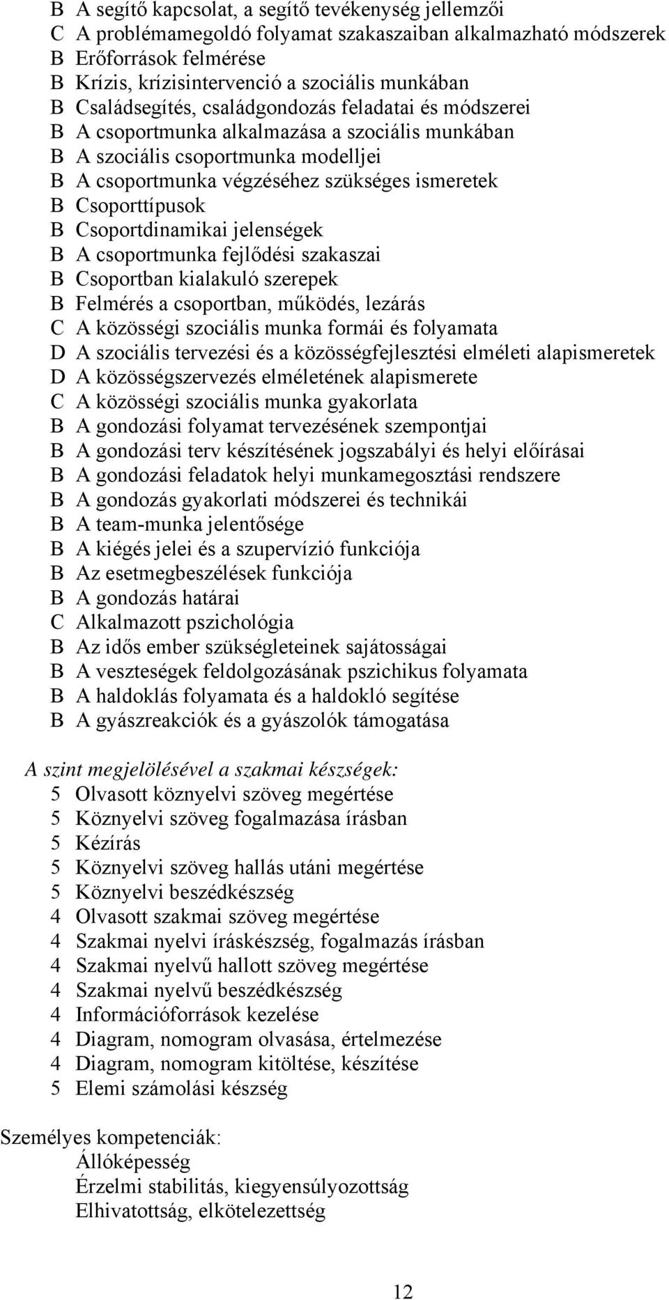 Csoporttípusok B Csoportdinamikai jelenségek B A csoportmunka fejlődési szakaszai B Csoportban kialakuló szerepek B Felmérés a csoportban, működés, lezárás C A közösségi szociális munka formái és