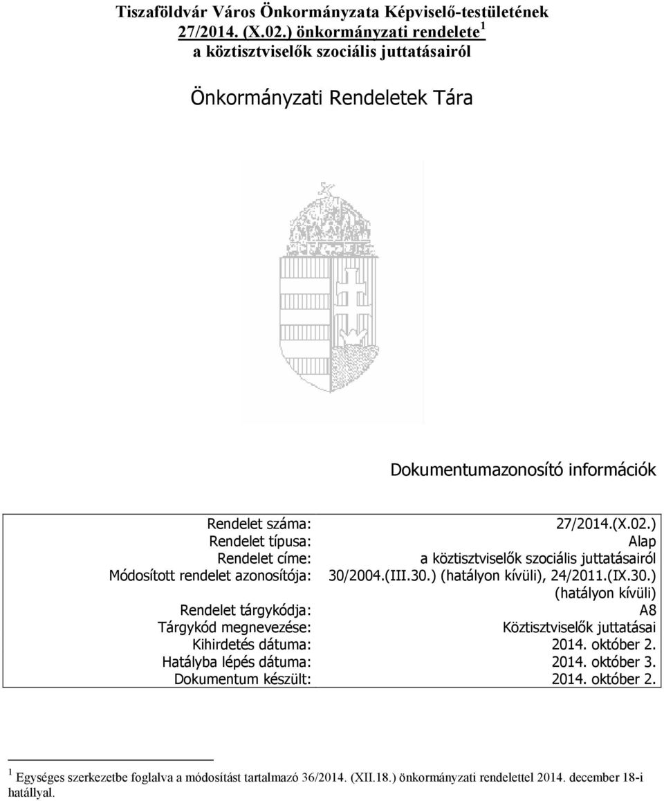 ) Rendelet típusa: Alap Rendelet címe: a köztisztviselők Módosított rendelet azonosítója: 30/